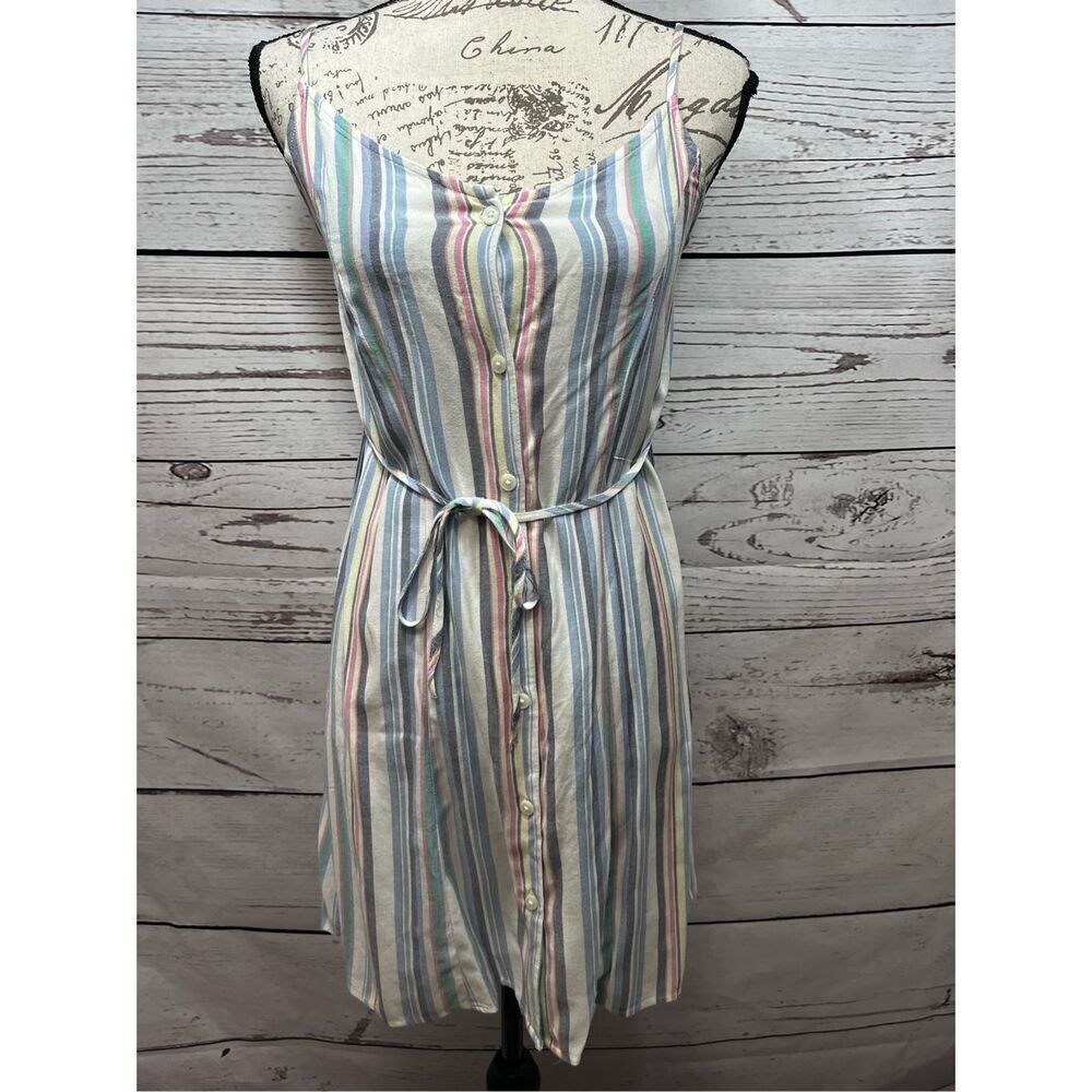 Striped Button Front Tie Waist Cami‎ Dress